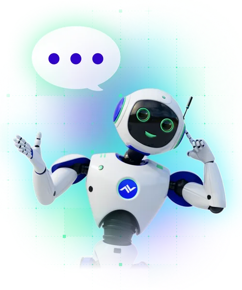 Nia, der KI-Assistent von NFON, dargestellt als Roboterfigur mit Sprechblase